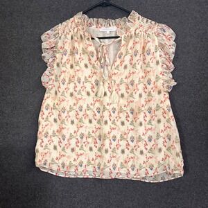 Olivaceous Large Floral Blouse Cream Tie V‎ Neck Top Ruffle Cottage feminine